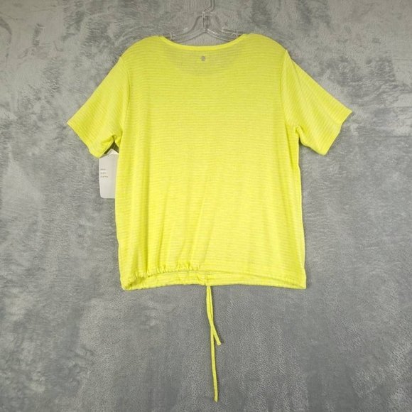 Zella Womens Blouse Yellow Stripe Short Sleeve Stretch‎ Drawstring M New - Picture 2 of 9